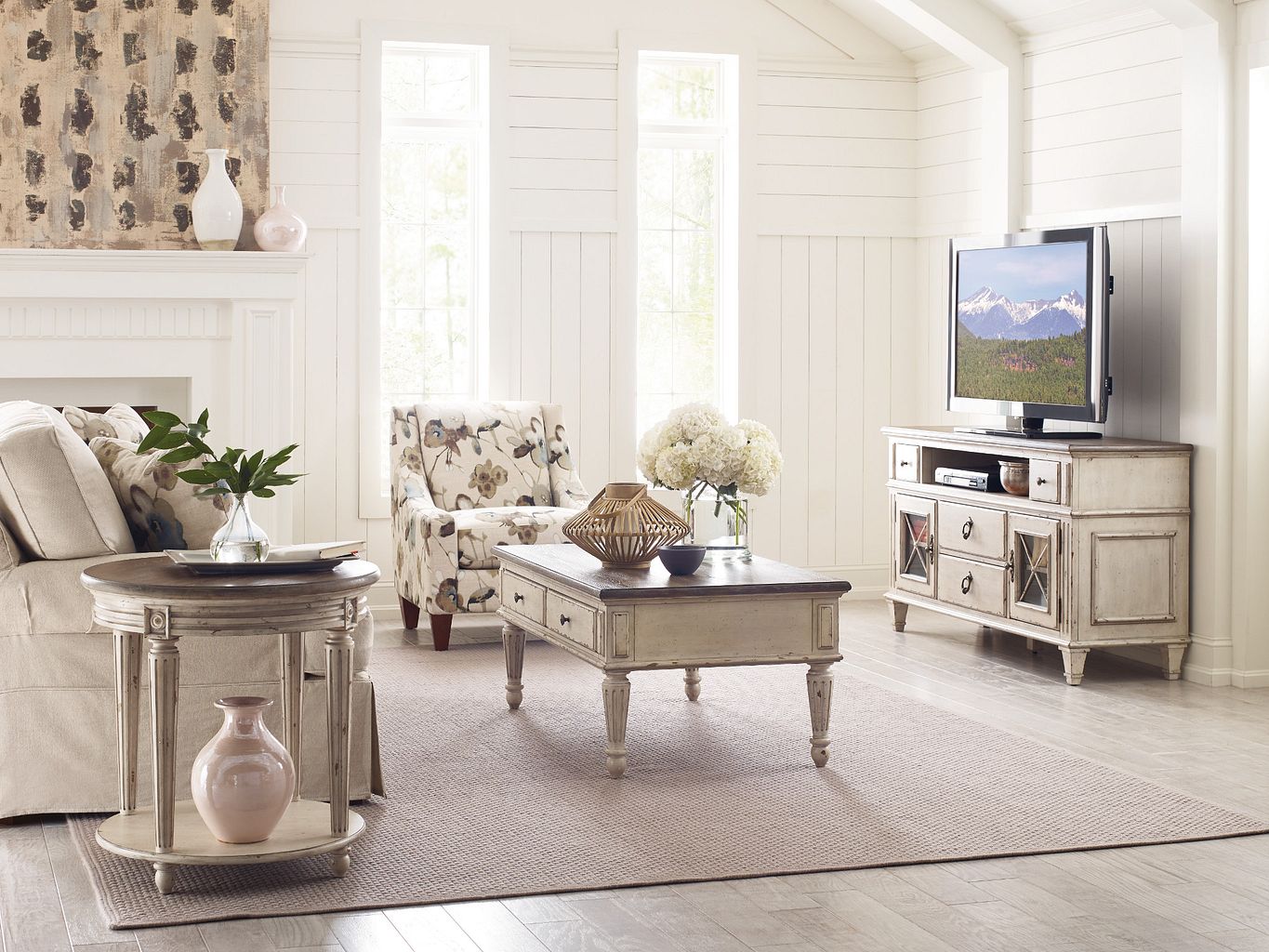 American Drew Southbury Round End Table in Fossil/Parchment