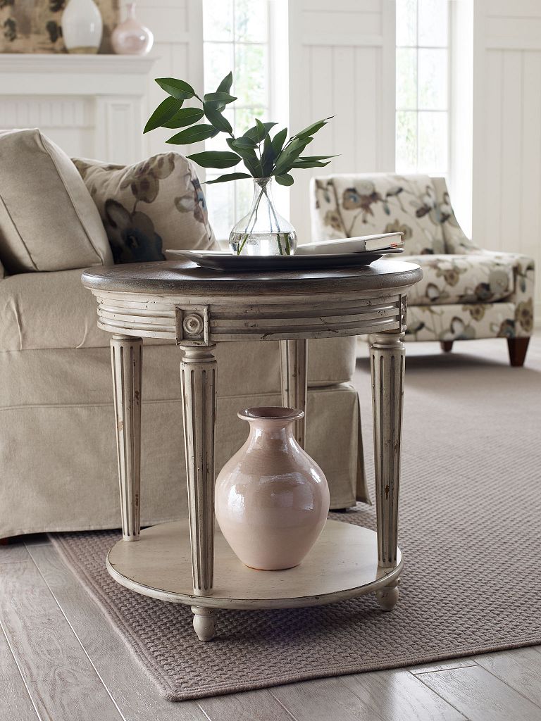 American Drew Southbury Round End Table in Fossil/Parchment