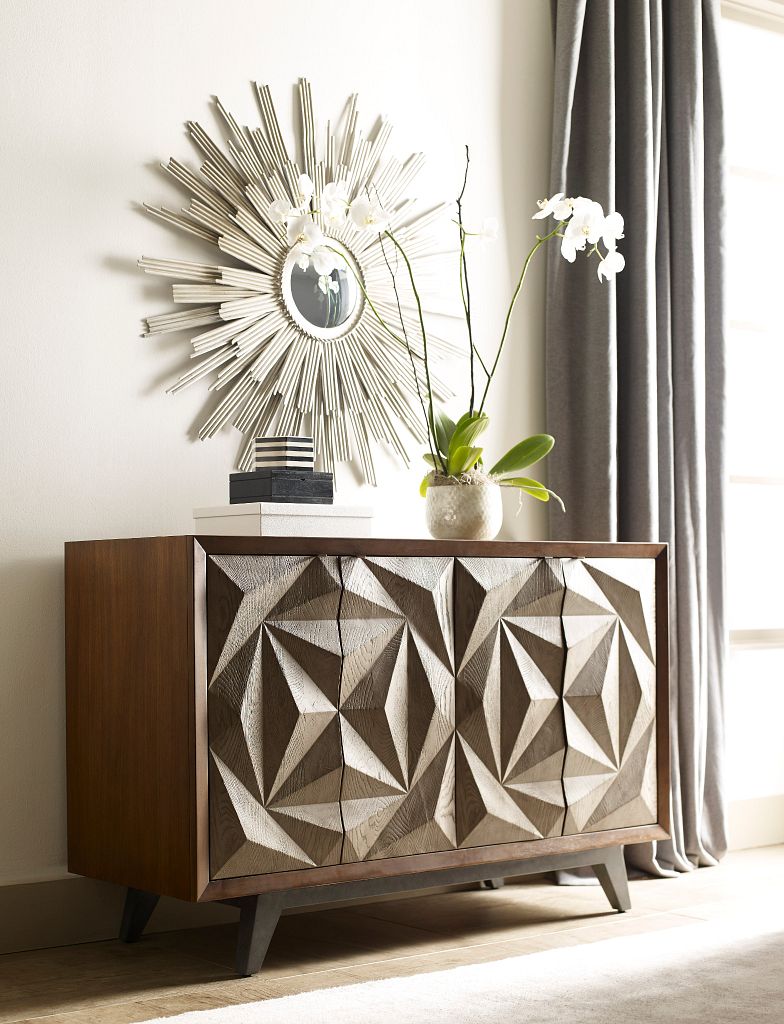 American Drew Ad Modern Synergy Morphe Console in Ambrosia Maple/Rolled Steel