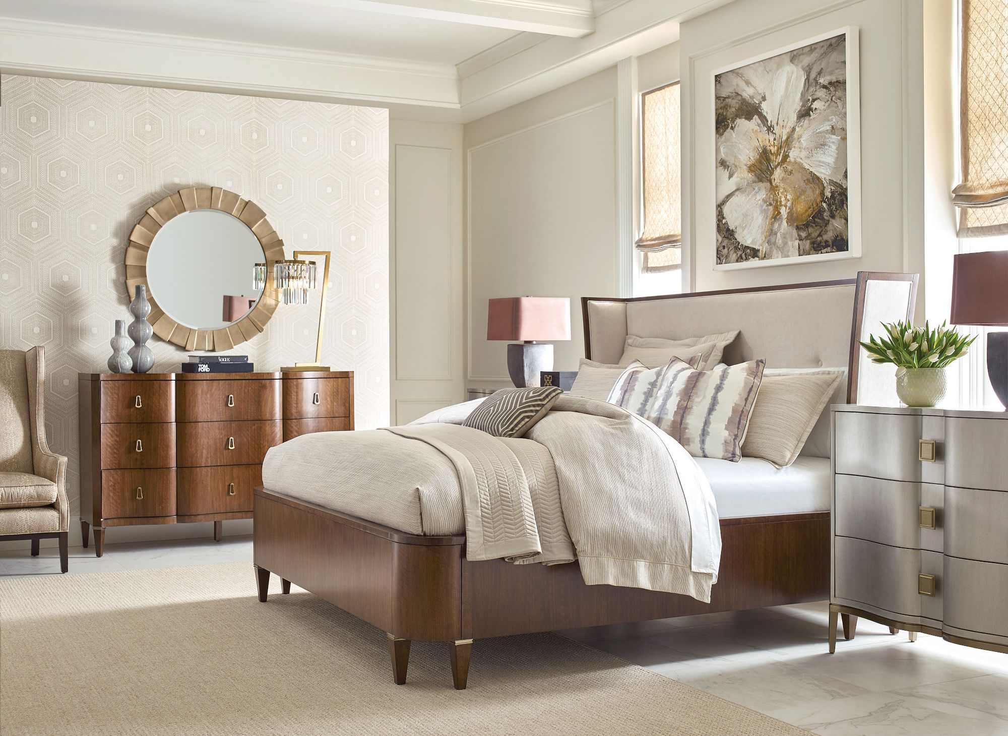 American Drew Vantage Morris Upholstered Bed in Warm Brown