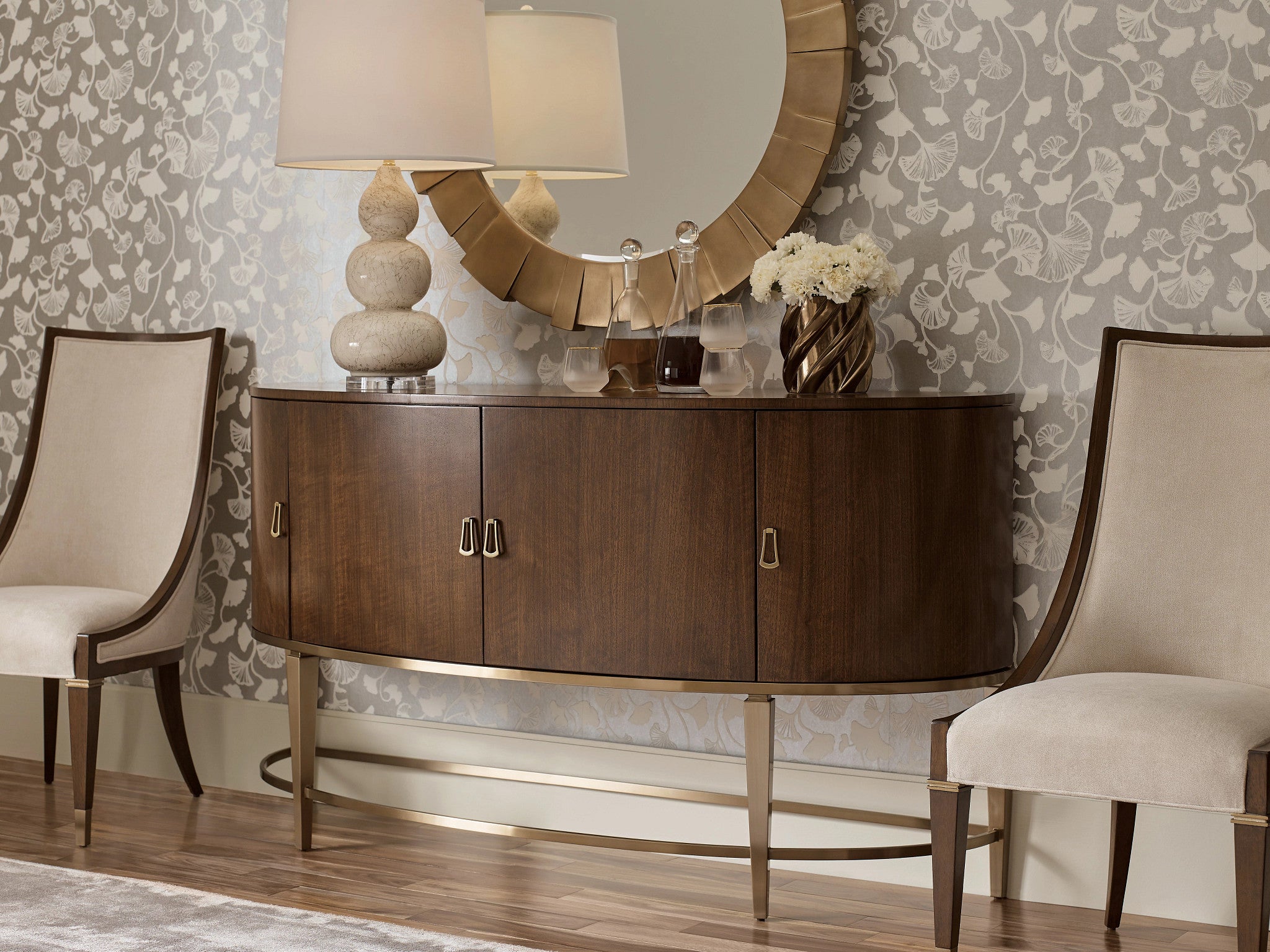 American Drew Vantage Gardner Demilune Sideboard in Warm Brown