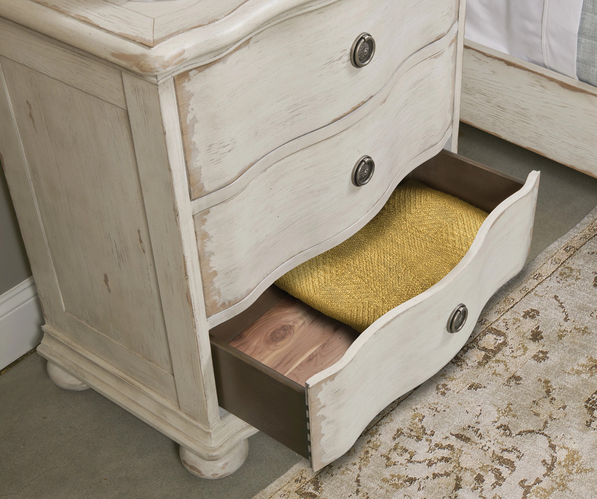 American Drew Cambric Helene Three Drawer Nightstand in Crème