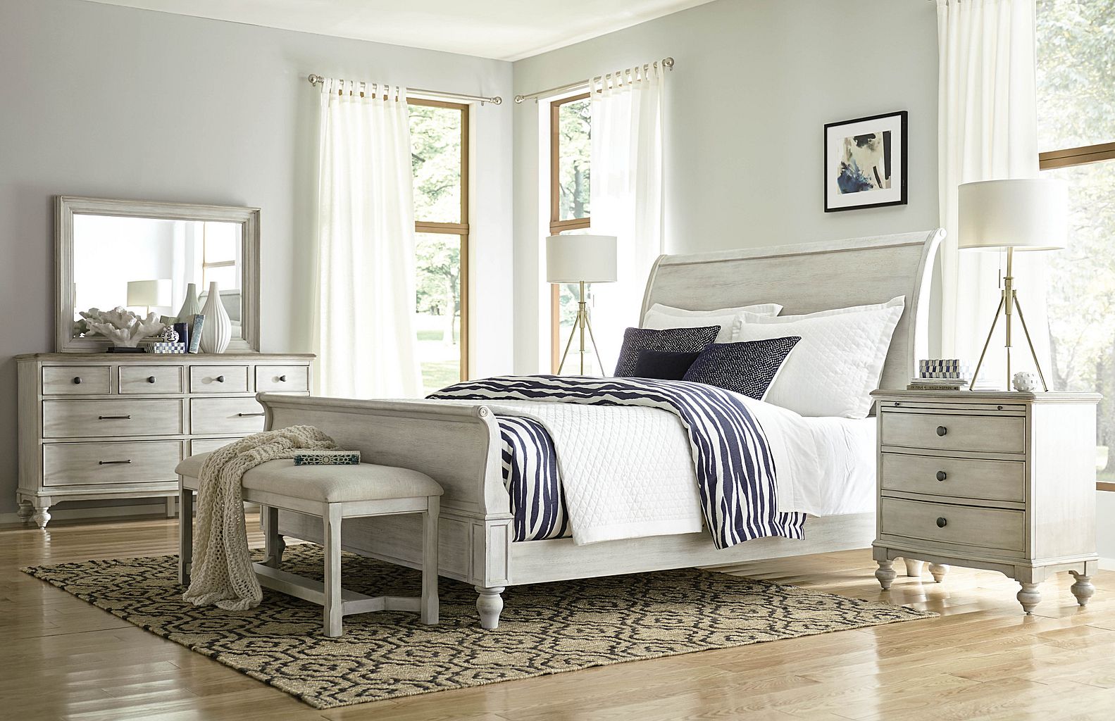 American Drew Litchfield Clayton Upholstered Bench in Sun Washed/Driftwood