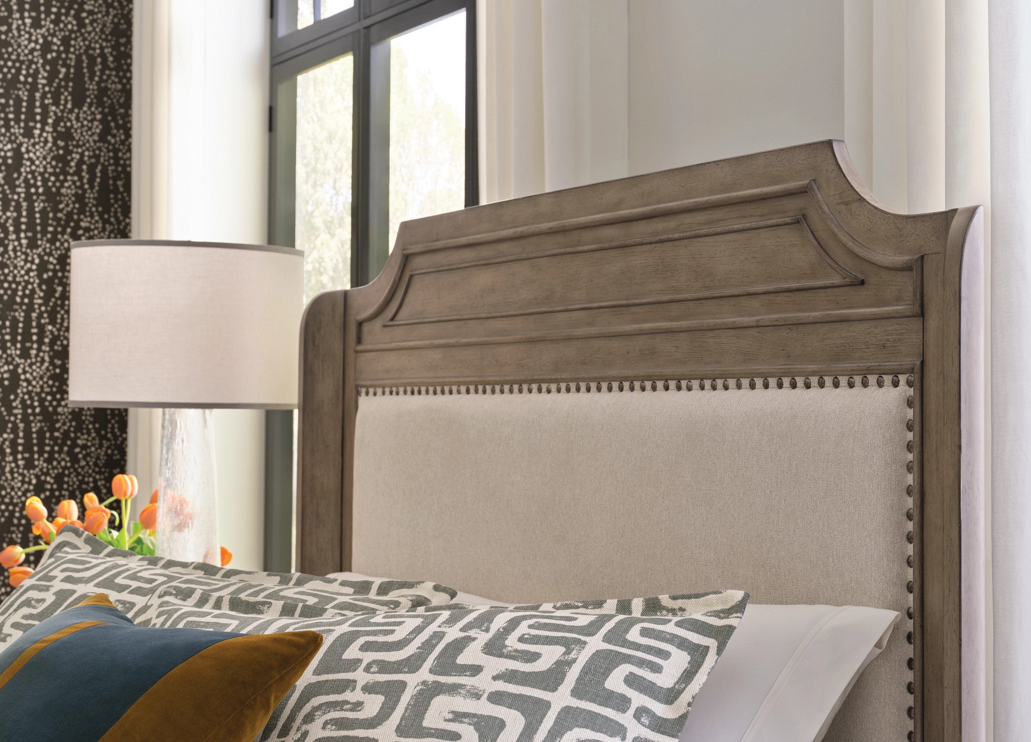 American Drew Carmine Engels Upholstered Queen Bed in Latte