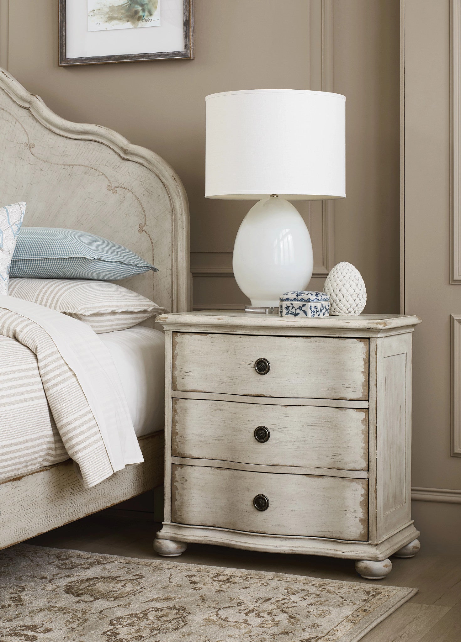 American Drew Cambric Helene Three Drawer Nightstand in Crème