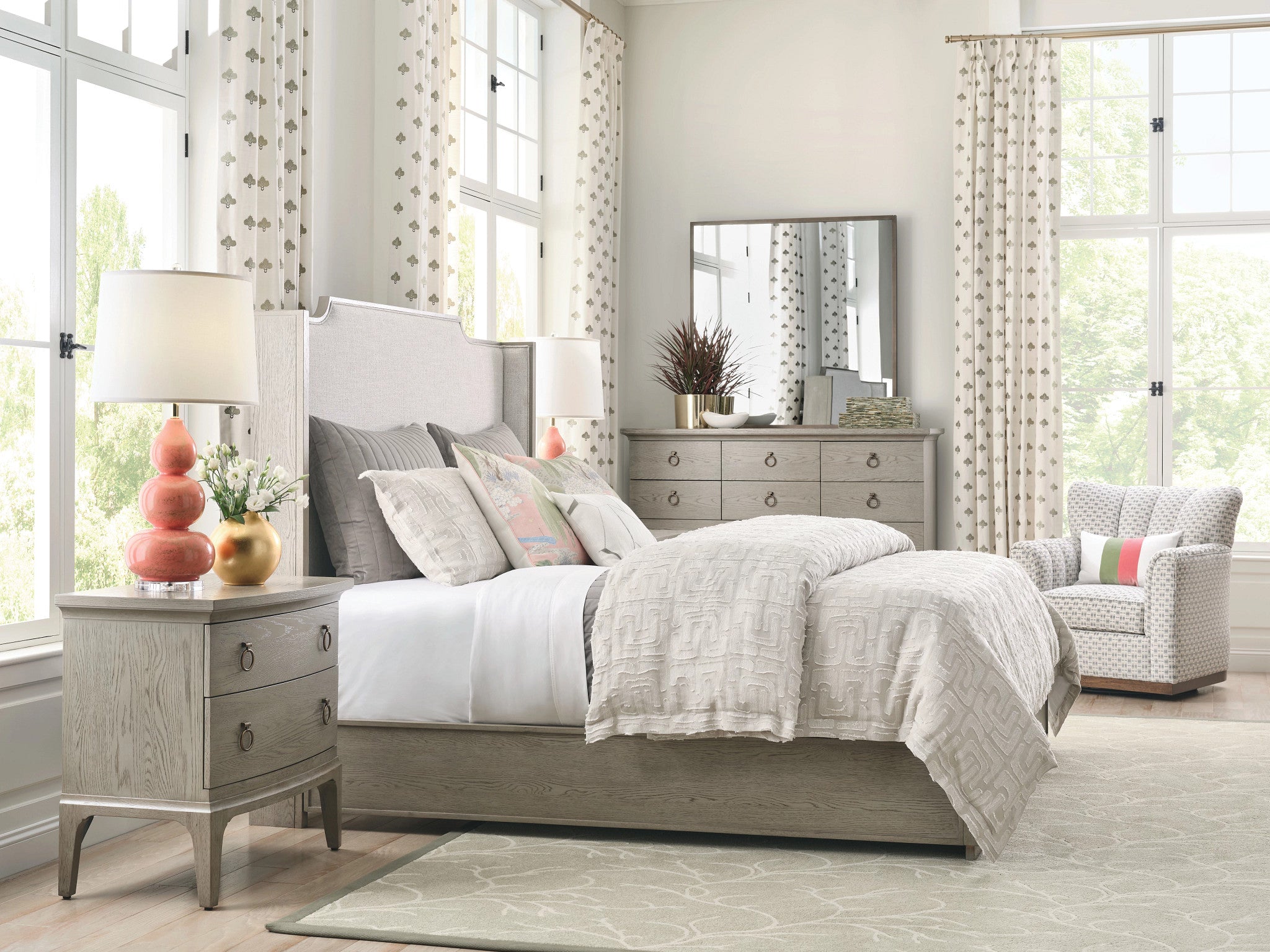 American Drew Milan Sharon UpholsteredBed in Stone Metal