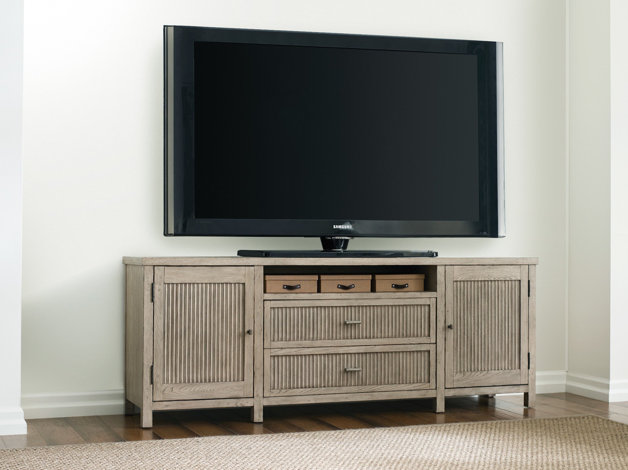 American Drew West Fork Merit Media Cabinet in Aged Taupe