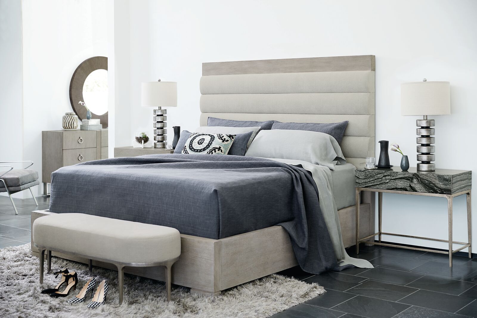 Bernhardt Furniture Linea Tufted Panel Bed  in Cerused Greige
