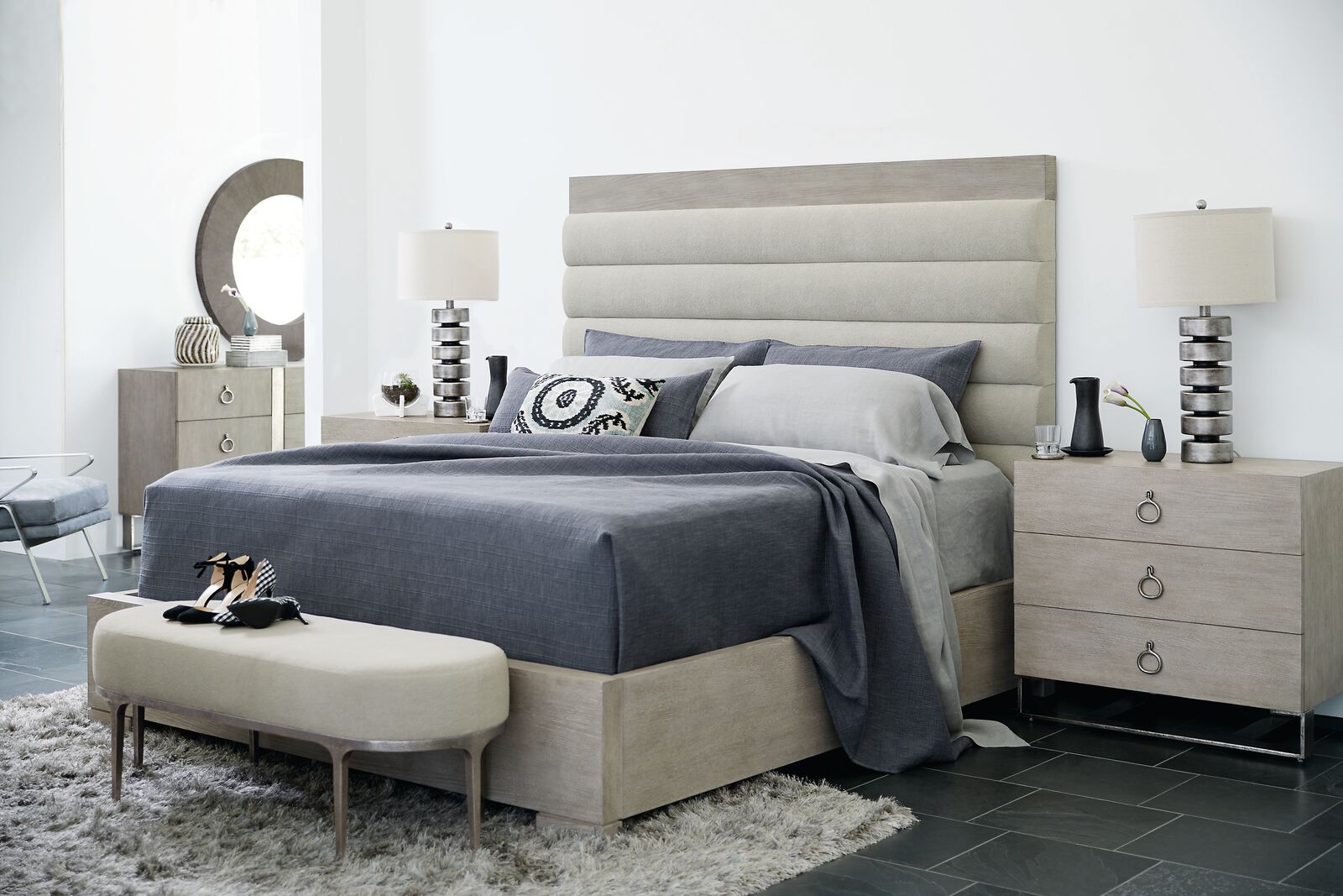 Bernhardt Furniture Linea Three Drawer Nightstand in Cerused Greige