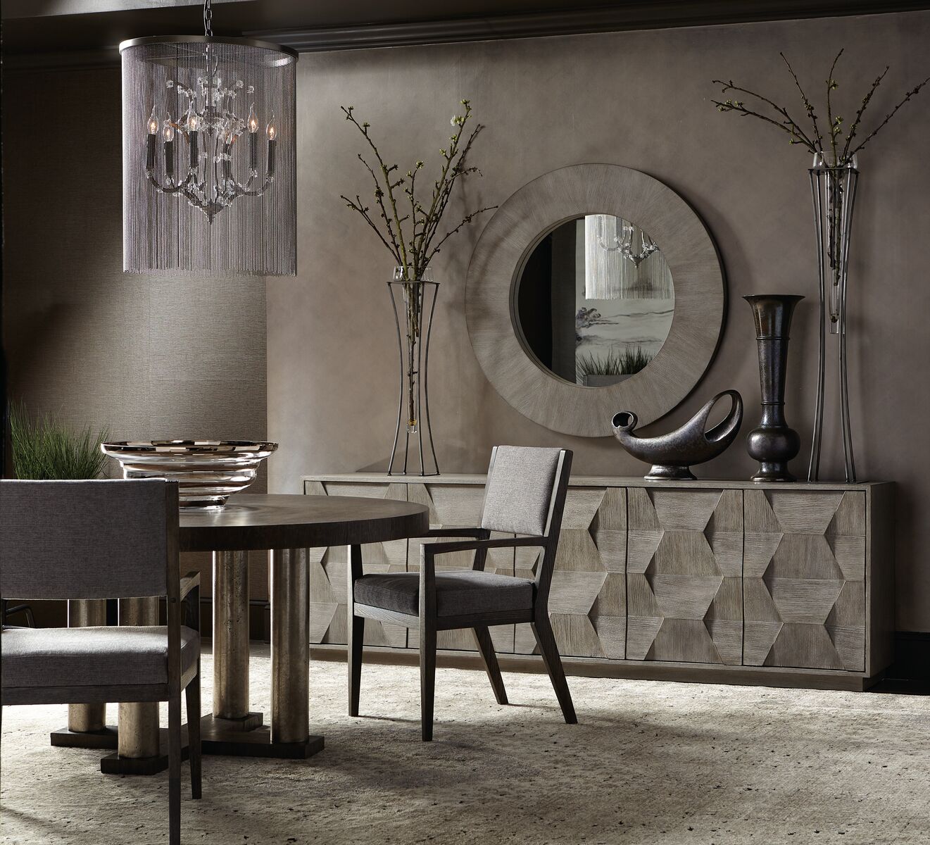 Bernhardt Furniture Linea Round Dining Table in Cerused Charcoal