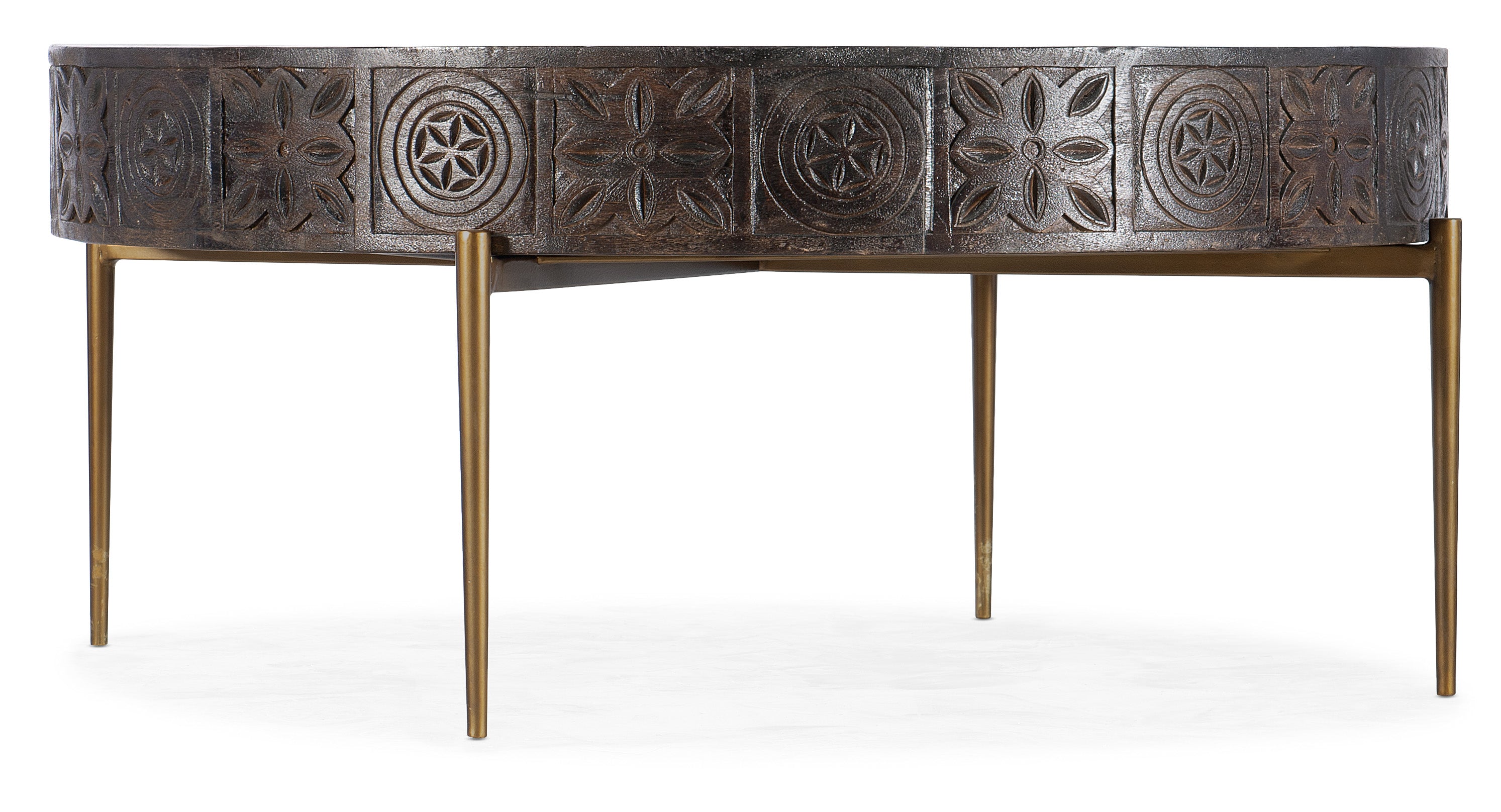 Hooker Furniture Commerce & Market Carved Round Cocktail Table in Dark Brown