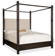 Hooker Furniture Retreat Pole Rattan Upholstered Poster Bed with Canopy in Dark Wood