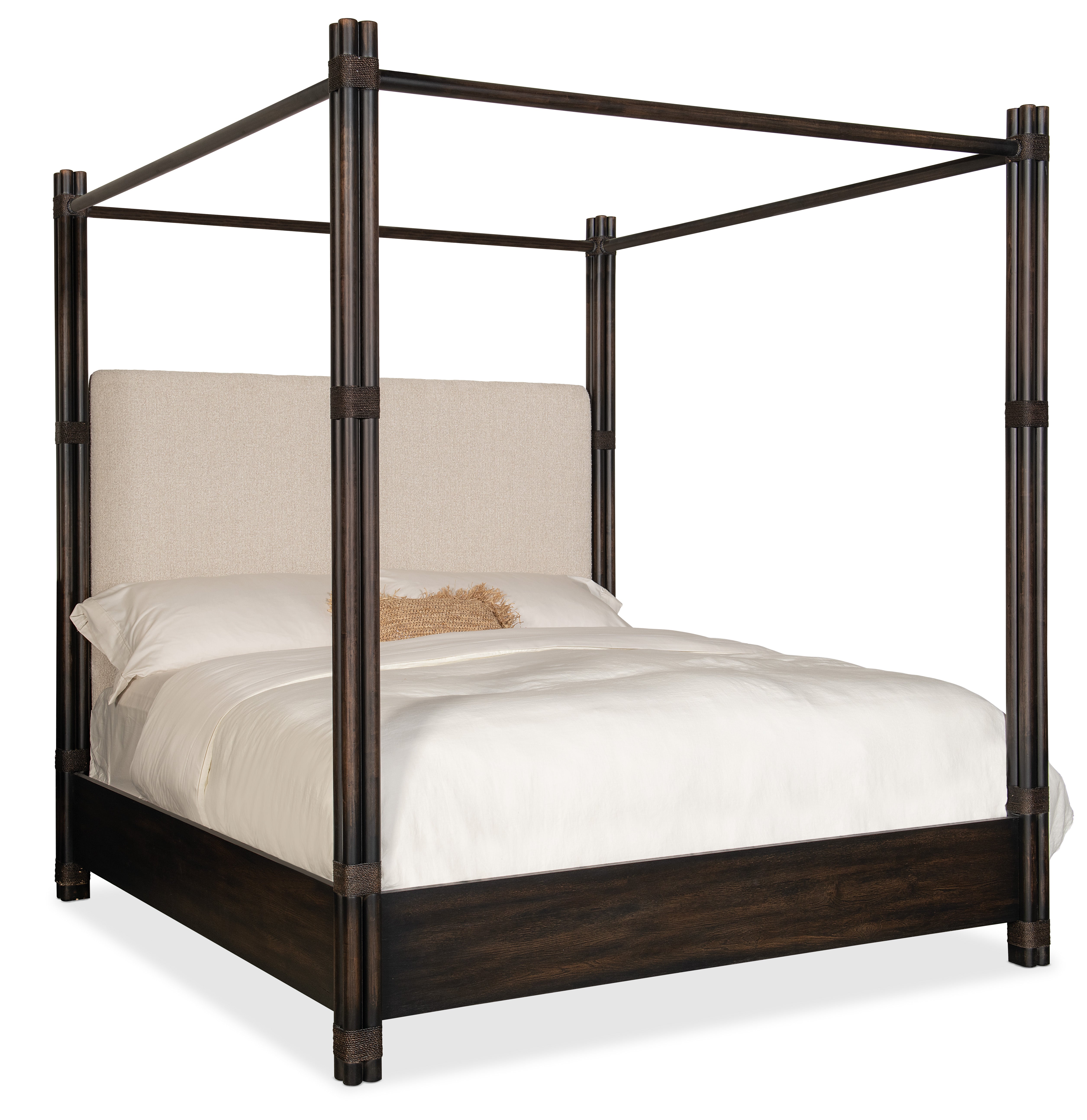 Hooker Furniture Retreat Pole Rattan Upholstered Poster Bed with Canopy in Dark Wood